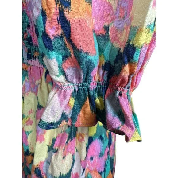 GAP Floral Smocked Dress Medium‎ Linen Cotton Puff Sleeve Colorful Party Cottage - Picture 7 of 13